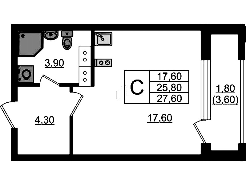 Квартира студия 27.6 м², 10/13 эт., ЖК «Тайм Сквер»